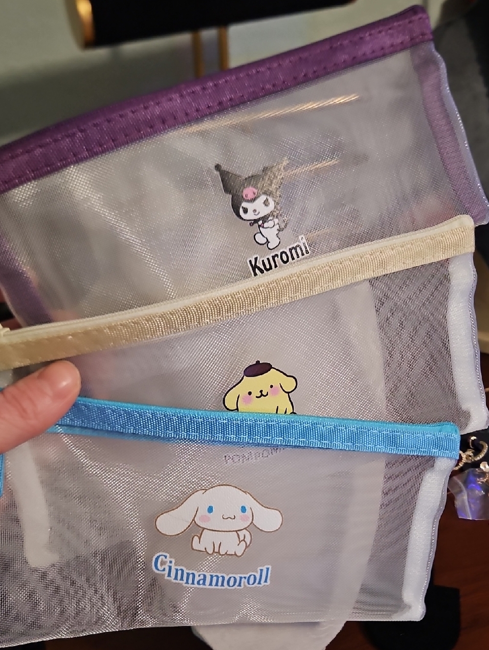 Sanrio Mesh Pouch Set with Purple, Cream, and Bright Blue Trim